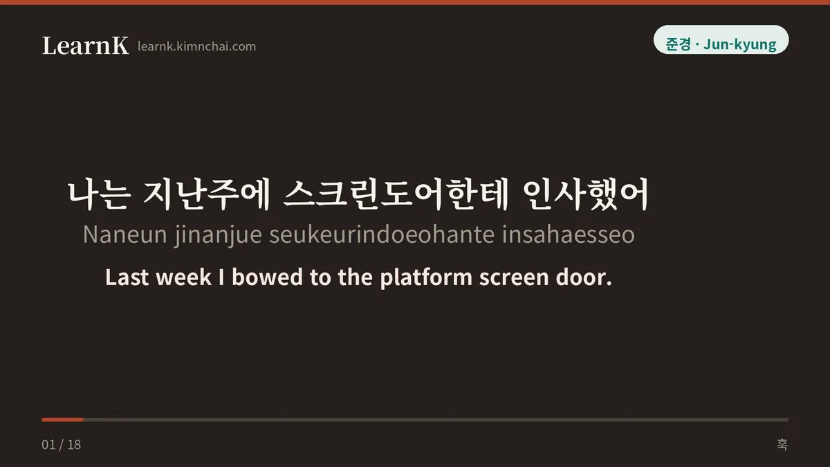 나는 지난주에 스크린도어한테 인사했어
