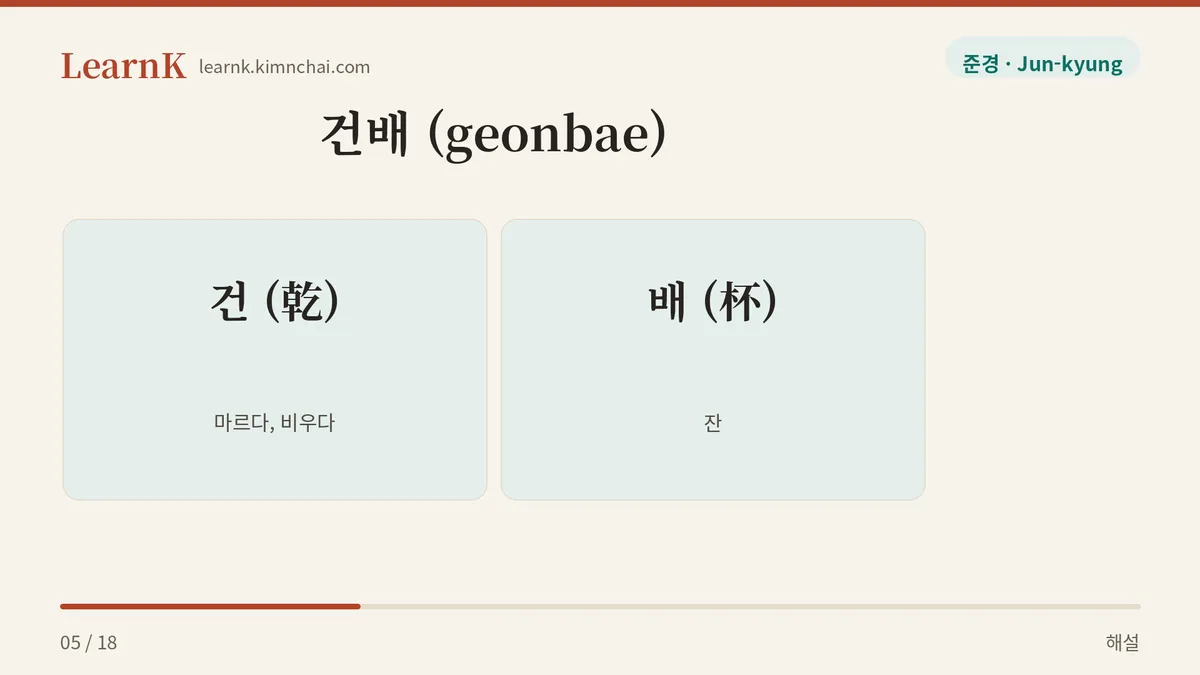 건배 = 마를 건 + 잔 배