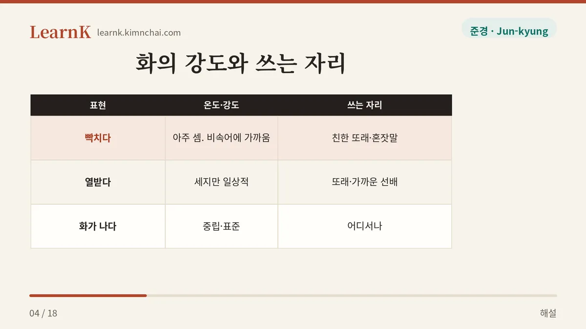 화가 나다 < 열받다 < 빡치다