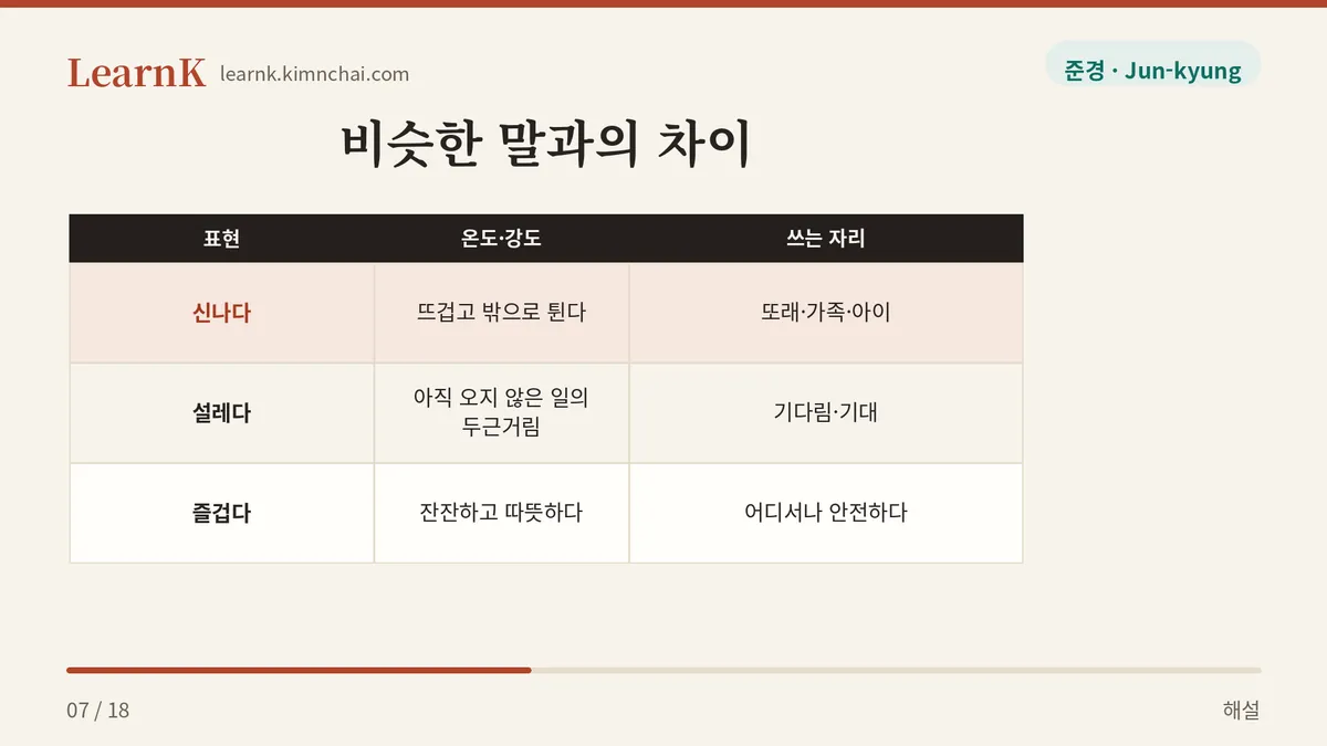 설레다 · 신나다 · 즐겁다